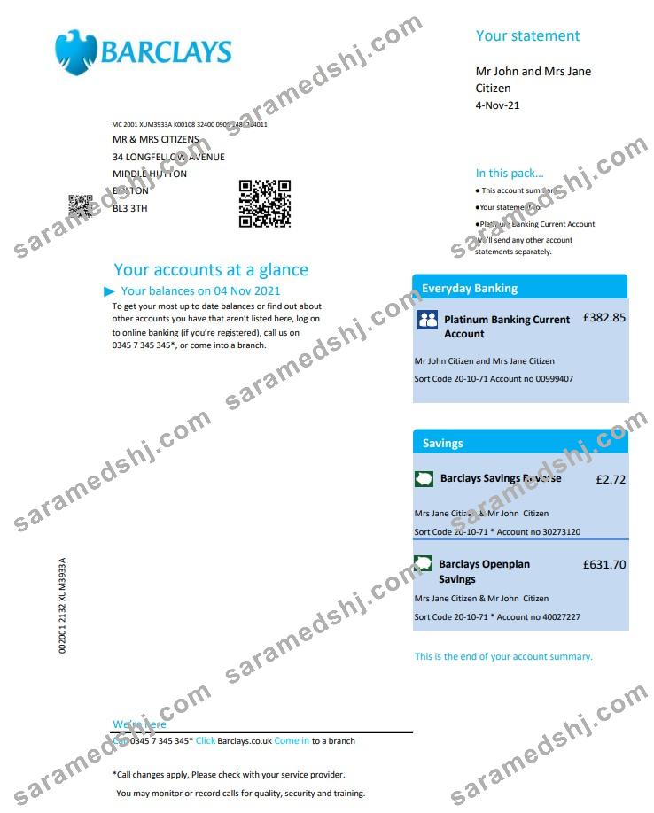 United Kingdom Barclays bank statement template in .xls and .pdf format, version 2